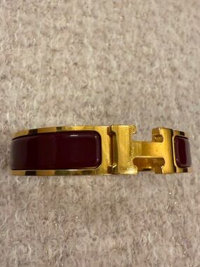 Hermes Gold and Burgundy Hinged Bangle Bracelet  authentic guaranteed PM